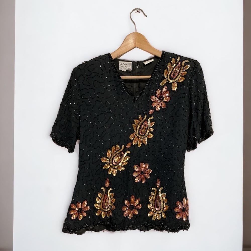 STENAY SEQUIN TOP 70's 80s Disco Black Gold Bronze Floral Beaded Silk Top PS